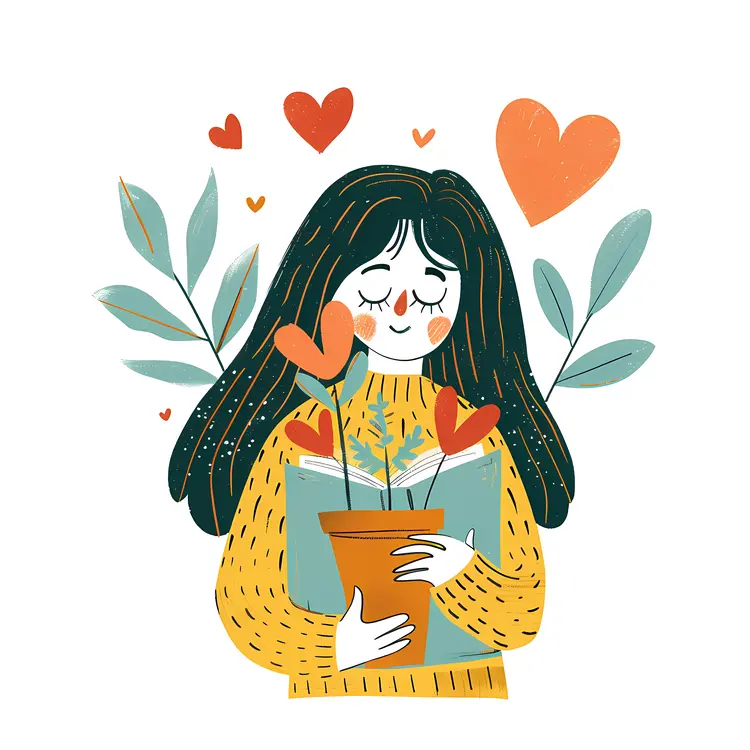 Girl Reading Book with Plants and Hearts