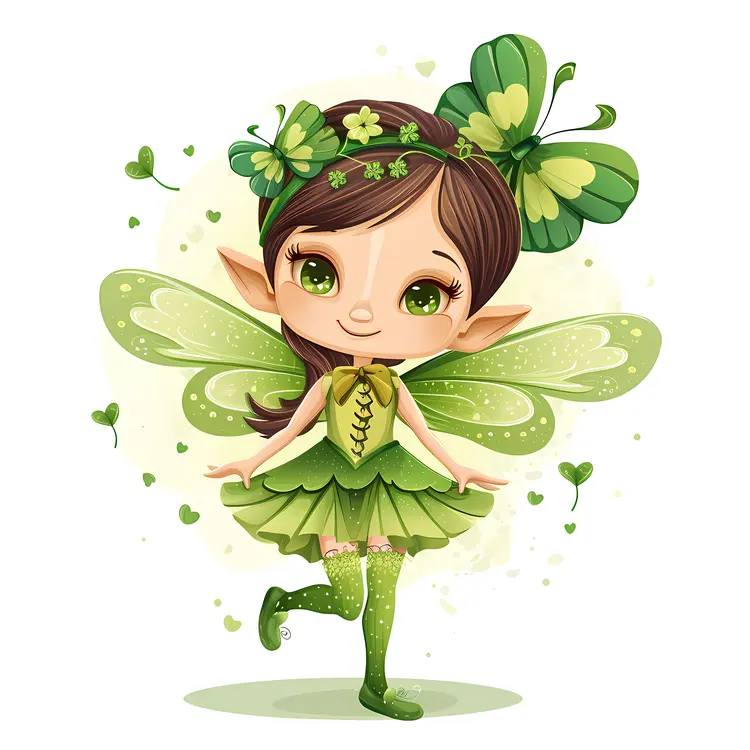 Cute Green Fairy with Clover and Wings