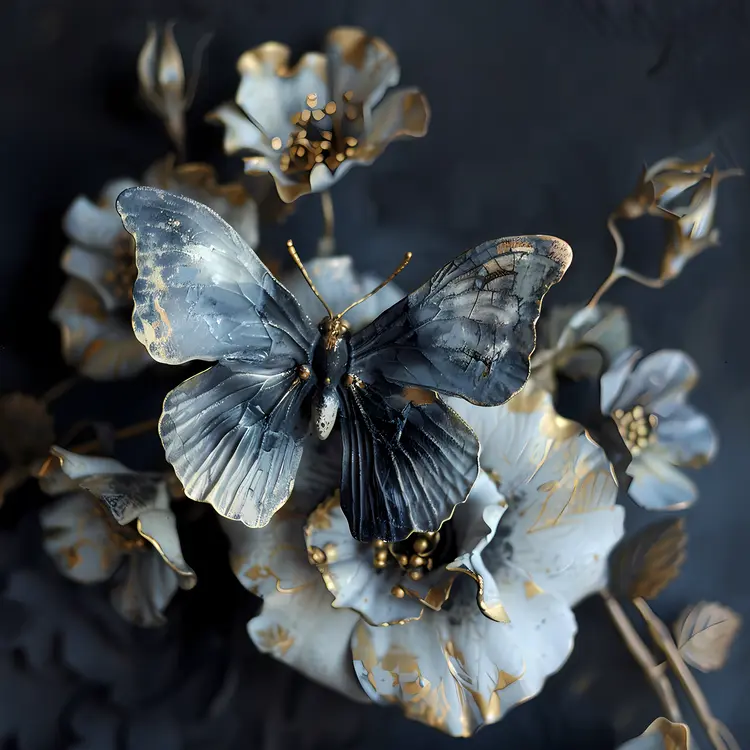 Elegant Black and Gold Butterfly with Flowers
