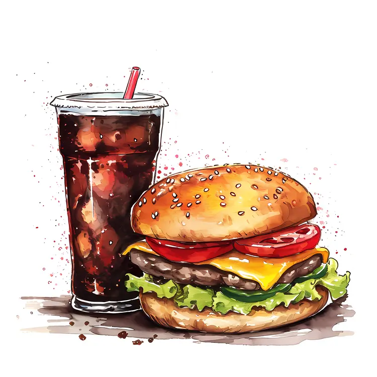 Tasty Burger and Soda Watercolor Art