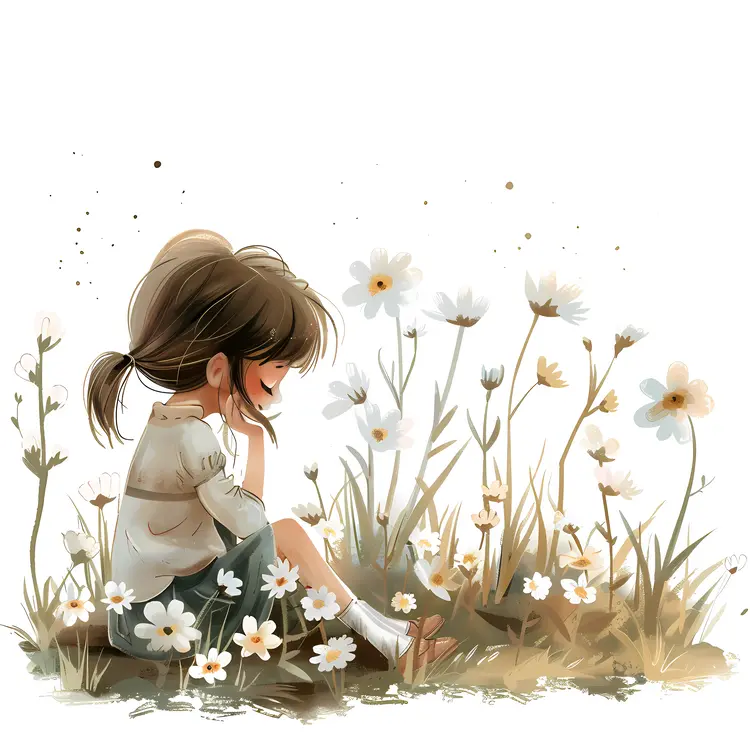 Girl Sitting Among Daisies