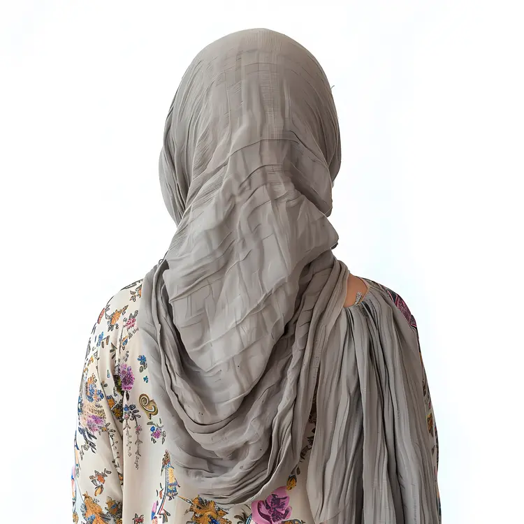 Back View of Woman in Floral Dress and Grey Hijab