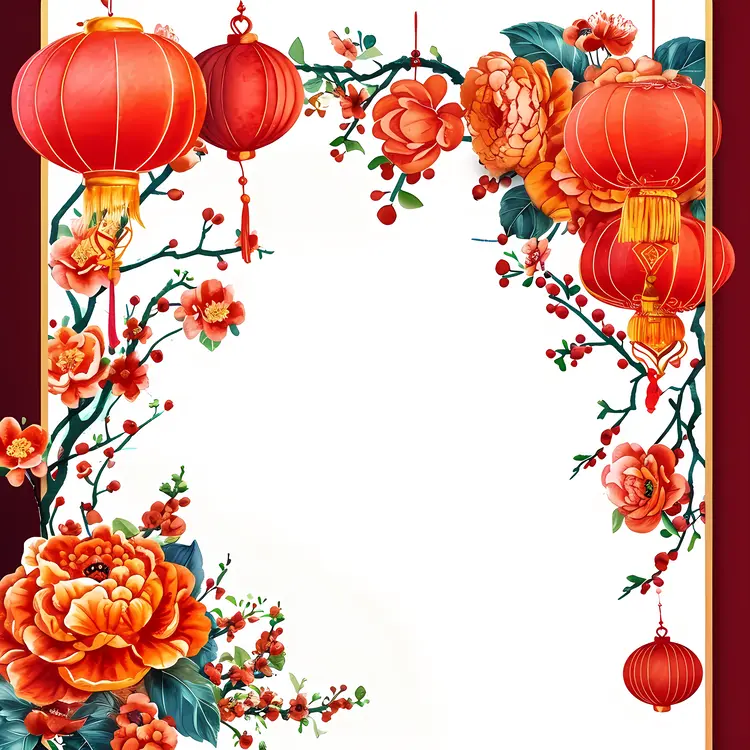 Red Lanterns and Flowers Decorative Frame for Chinese New Year