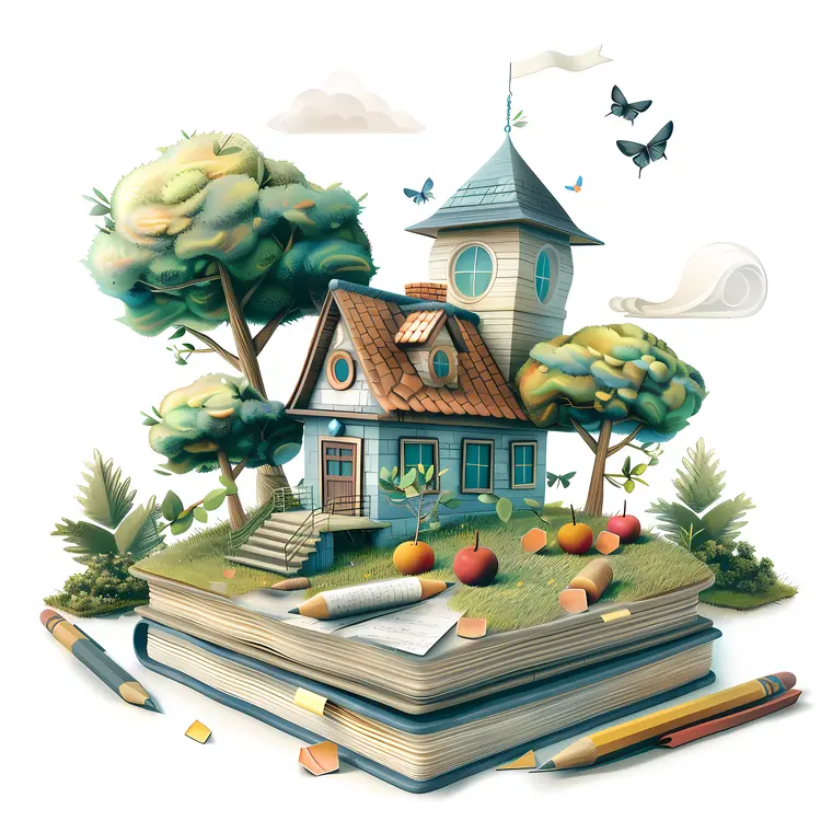 Cute Doodle House on Books with Trees and Pencils
