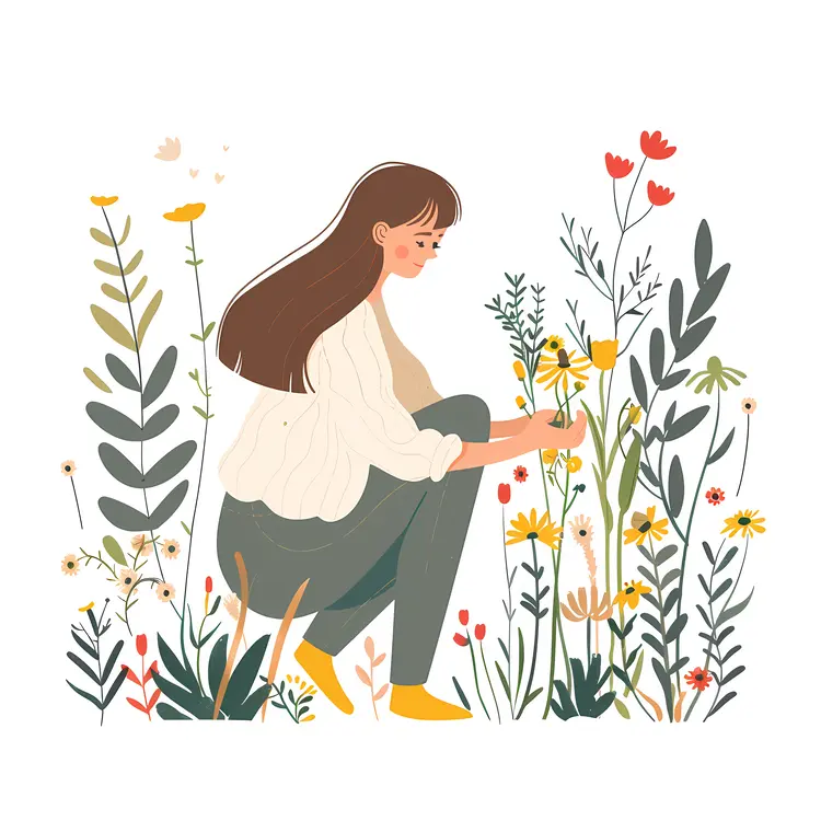 Girl Kneeling in a Flower Garden