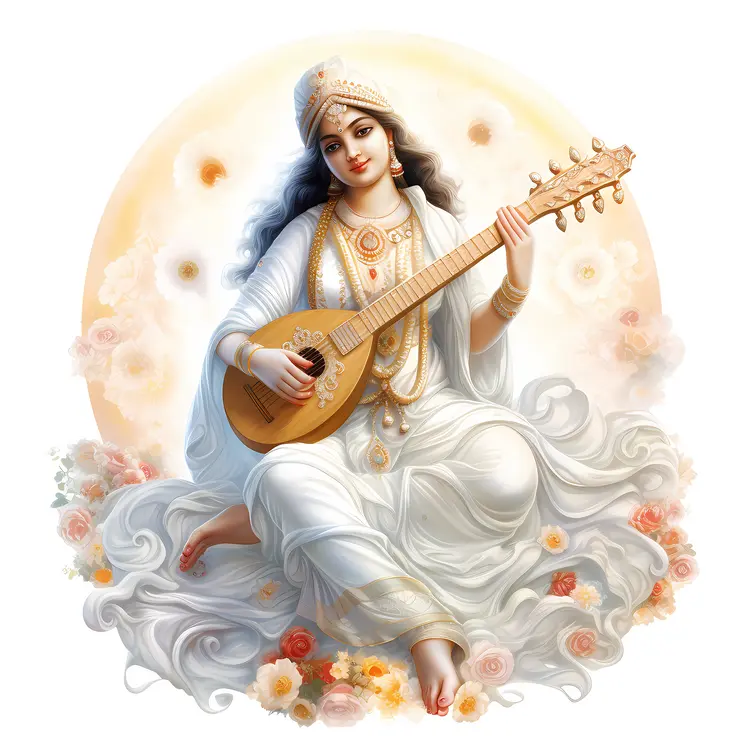 Goddess Playing Veena in White Attire