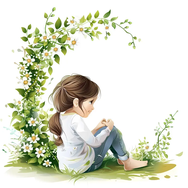 Girl Sitting Among Greenery and Flowers