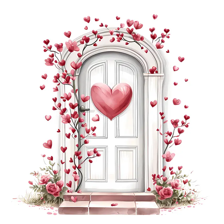 White Door with Heart and Pink Flowers for Valentine's Day