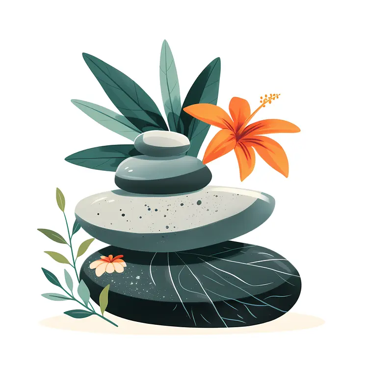 Zen Stacked Stones with Orange Flower and Greenery