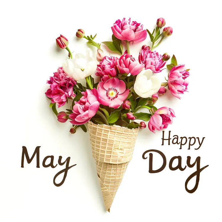 Happy May Day Greeting with Pink and White Flowers in Cone