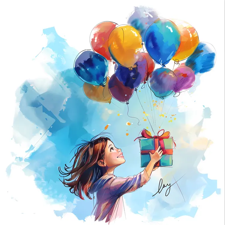 Girl Holding Gift Box with Balloons