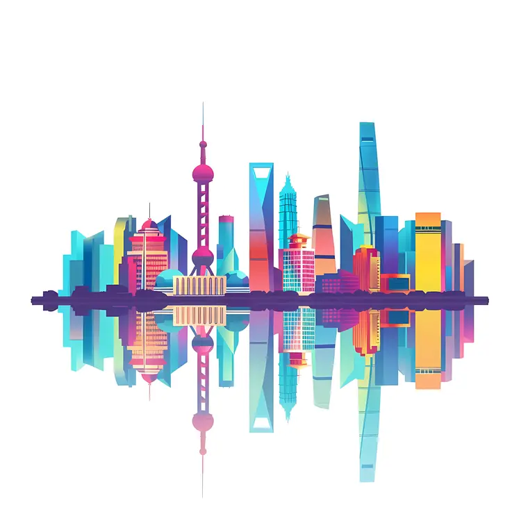 Colorful City Skyline with Reflection