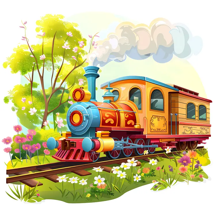 Whimsical Toy Train in a Flower Garden