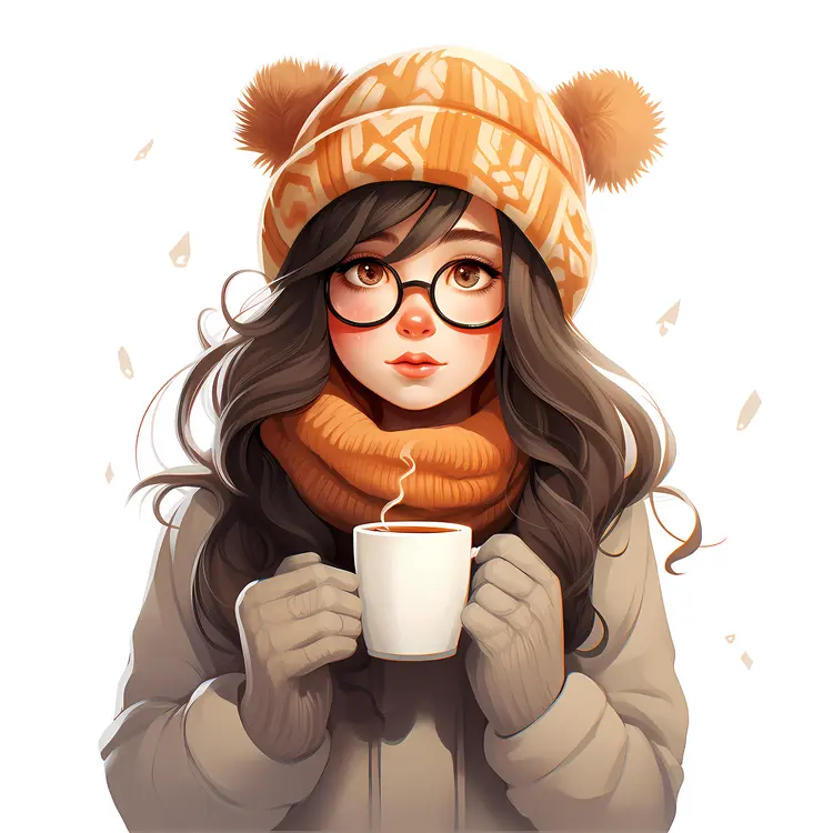 Girl with Glasses Holding a Hot Drink in Winter Clothing