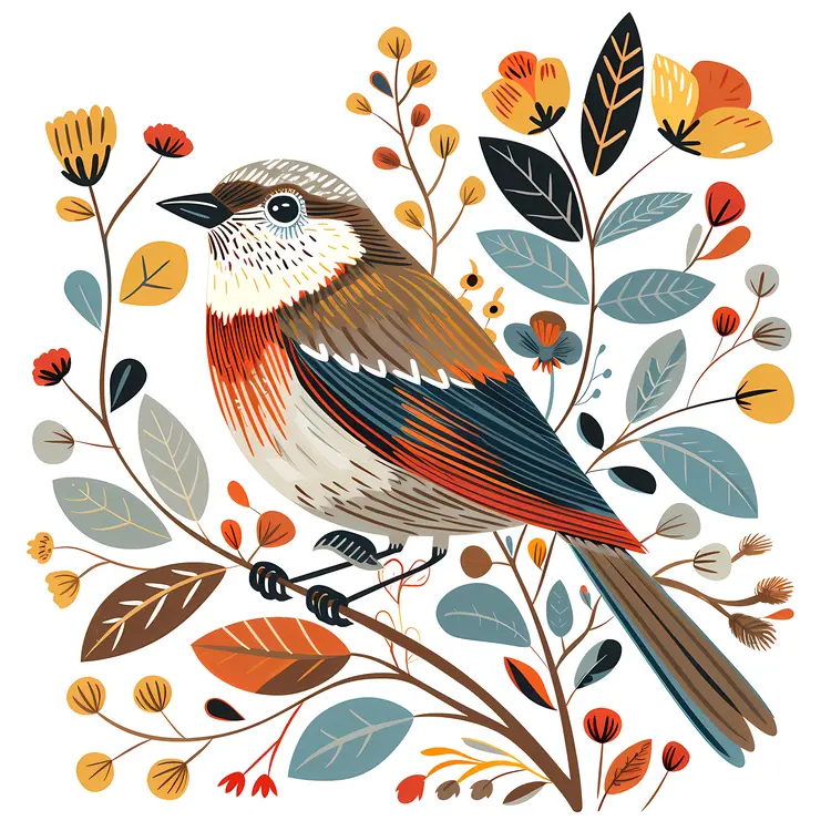 Bird on Branch with Floral Background