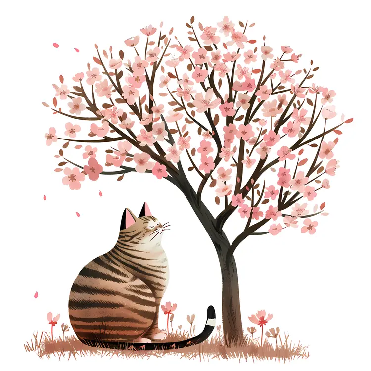 Cat Sitting Under a Blossoming Tree
