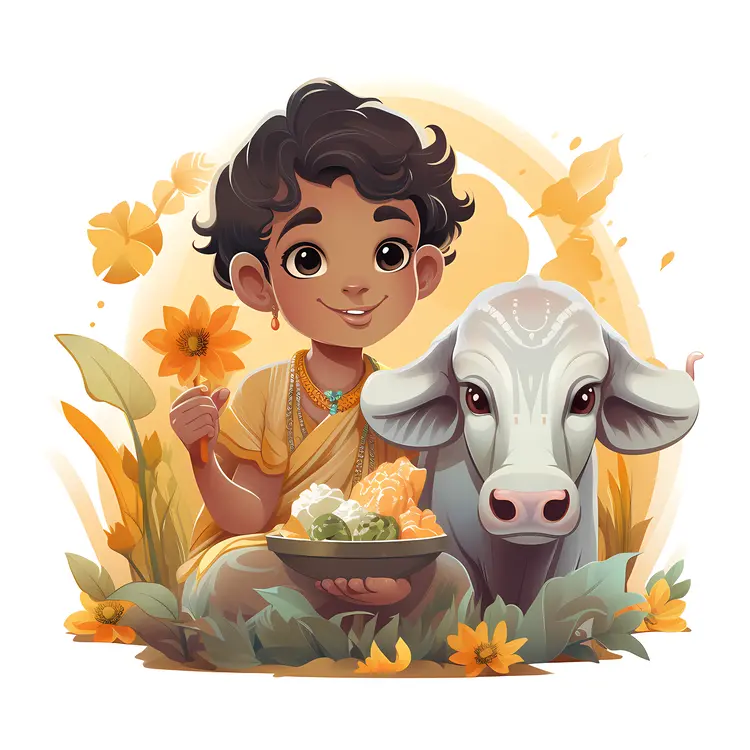 Boy and Cow with Flower and Food