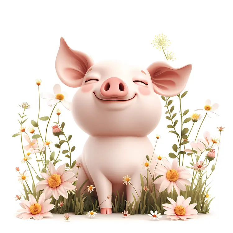 Content Piglet Surrounded by Flowers