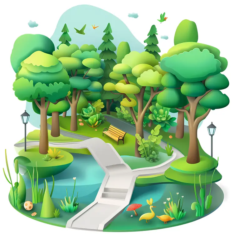 Green Trees in a Park with a Pond and Pathway