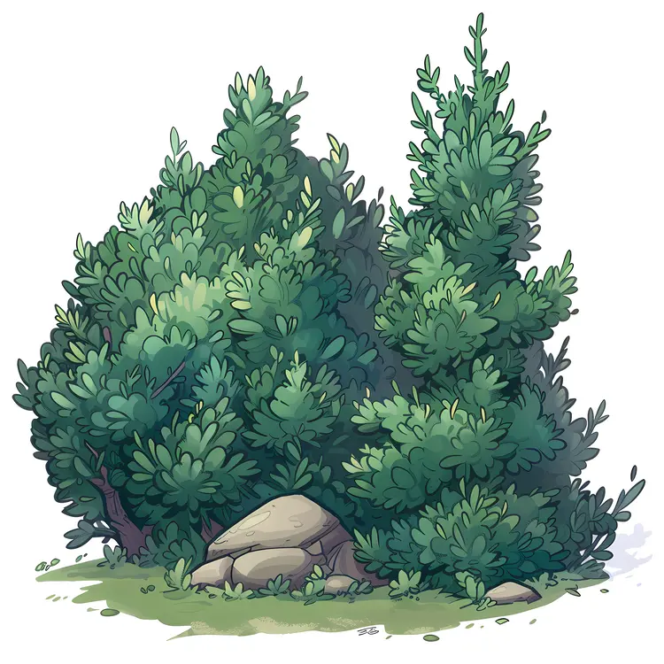 Illustration of Green Bushes with Rocks