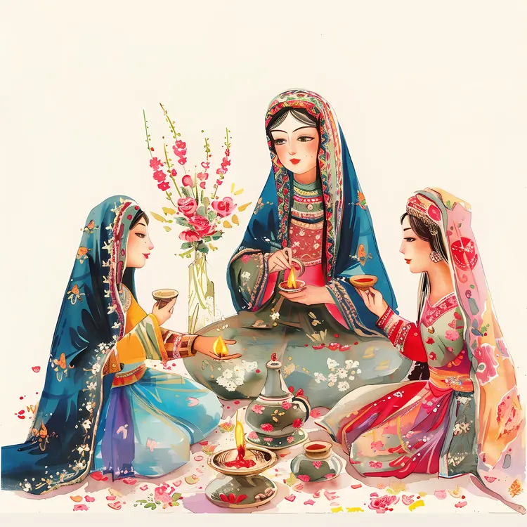 Women in Traditional Dress Having Tea