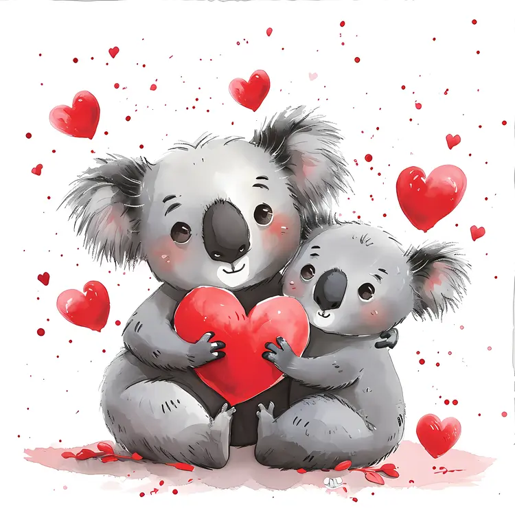 Koalas with Heart Surrounded by Hearts