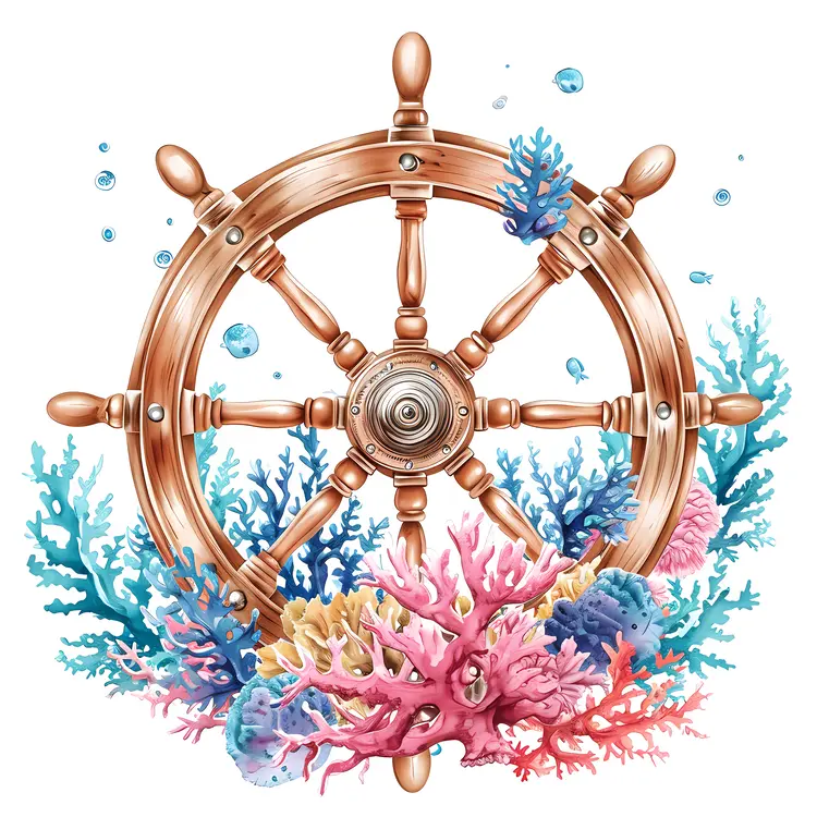Ship Wheel with Coral and Marine Life
