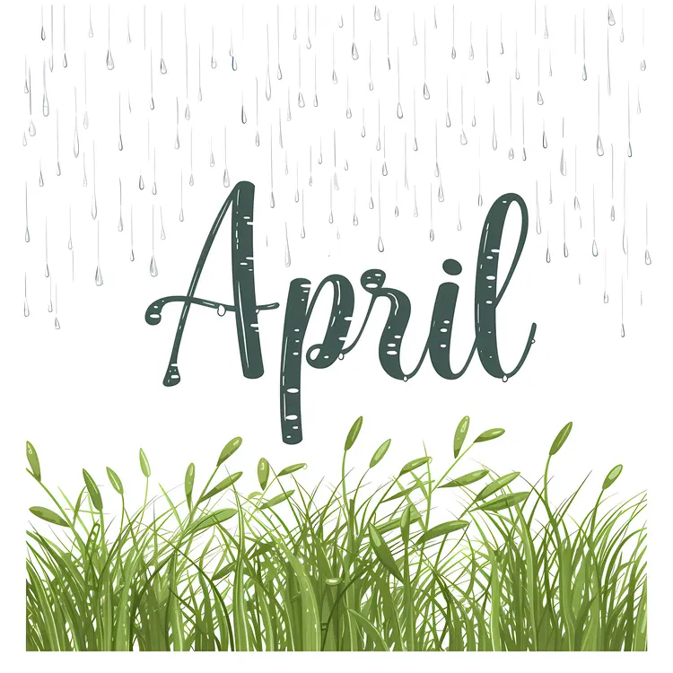 April Text with Grass and Rain Illustration