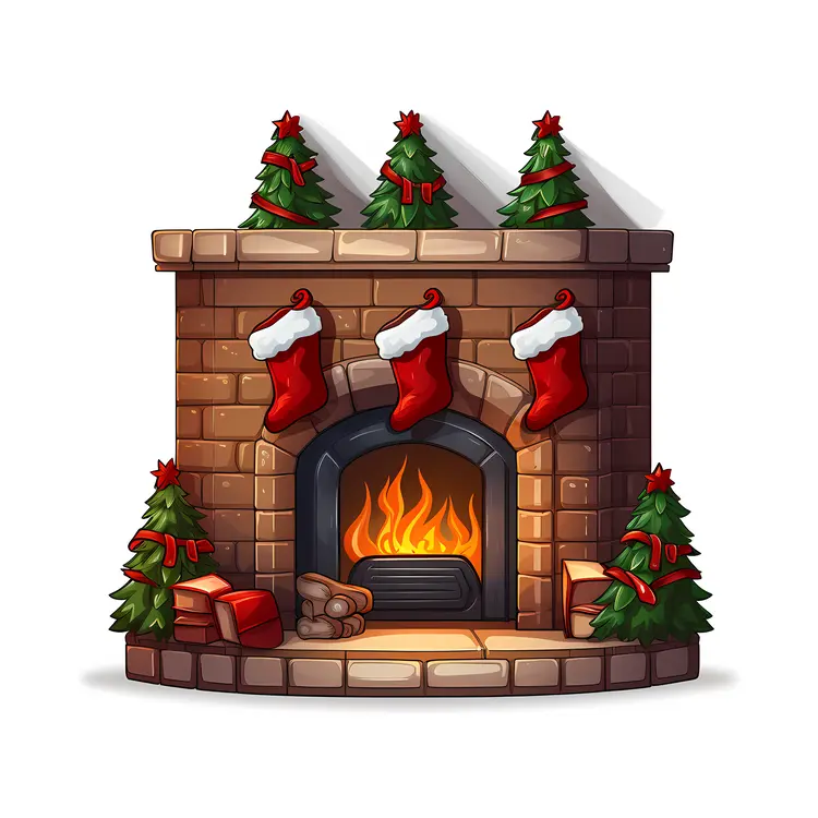 Christmas Fireplace with Stockings and Trees
