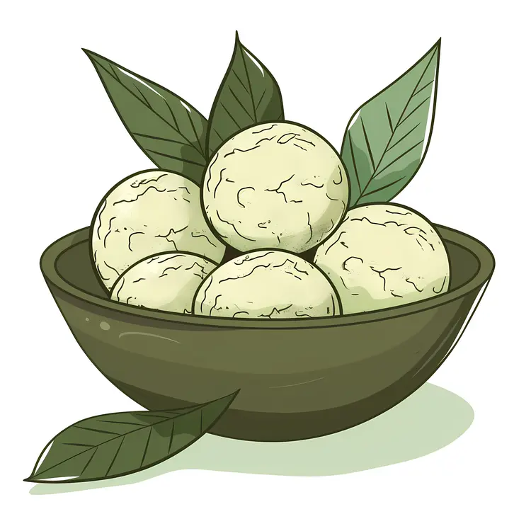 Green Balls with Leaves in Bowl