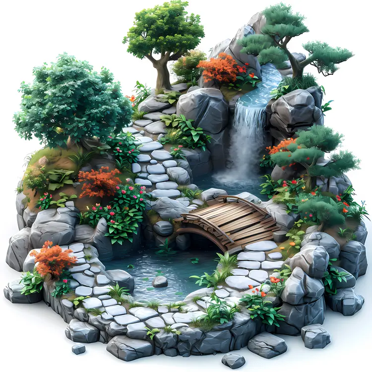 Beautiful Japanese Garden with Bridge and Waterfall