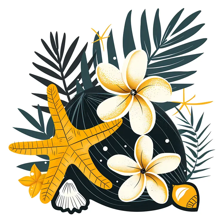 Yellow Starfish and White Flowers with Palm Leaves