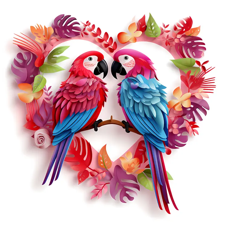 Red Parrots in Heart-Shaped Colorful Leaves
