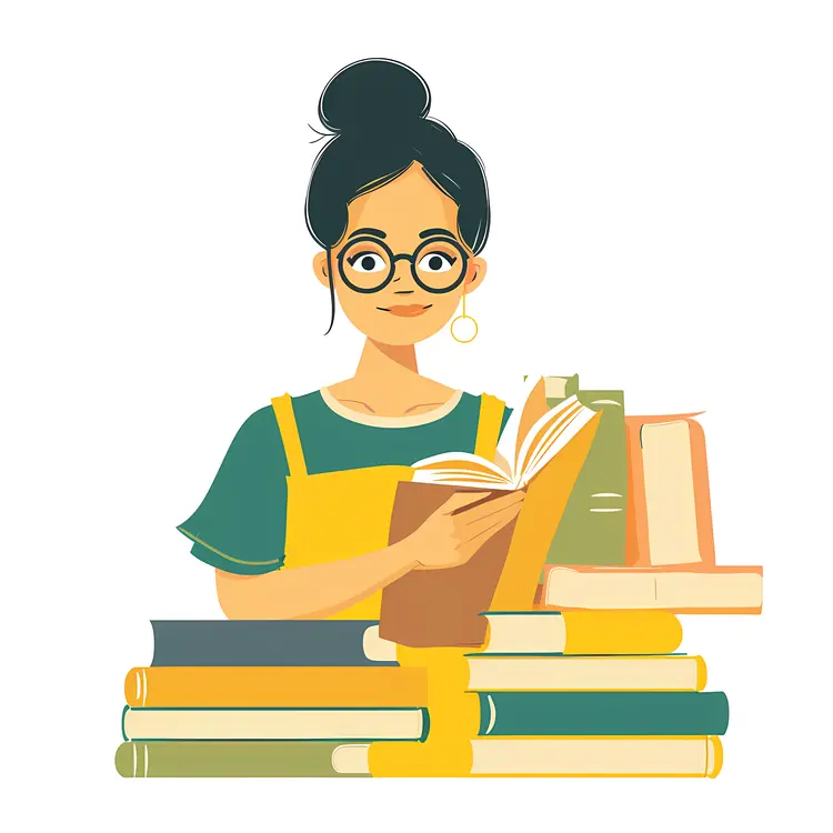 Girl Reading with Stack of Books