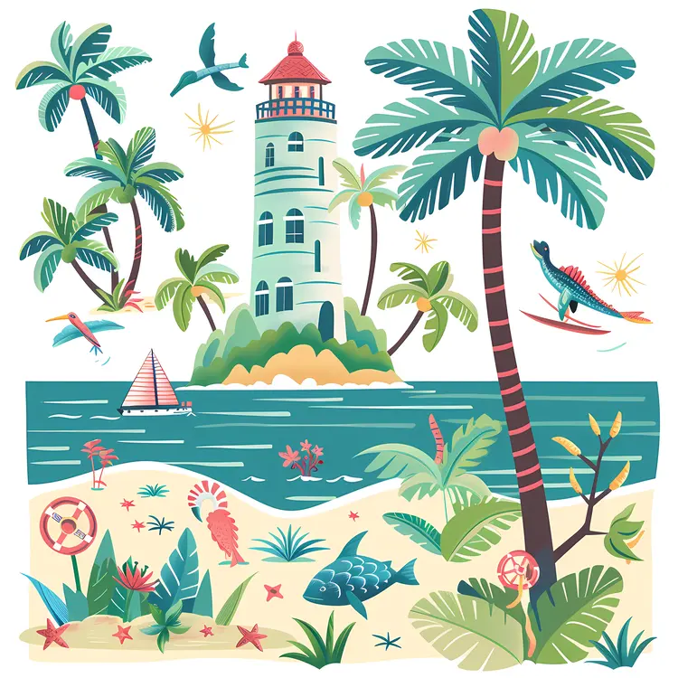 Beach with Lighthouse and Sailboat