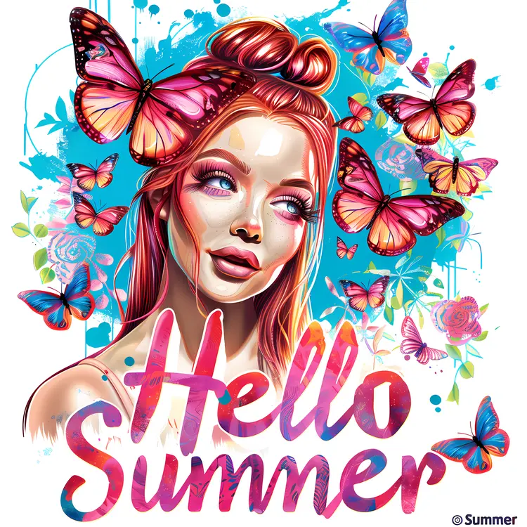 Hello Summer Poster with Colorful Butterflies