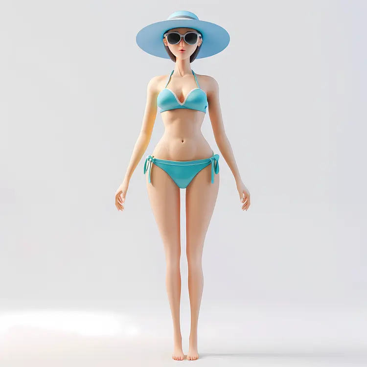 Woman in Blue Bikini with Hat
