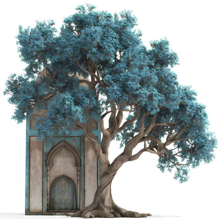 Tree with Blue Leaves and Architectural Background