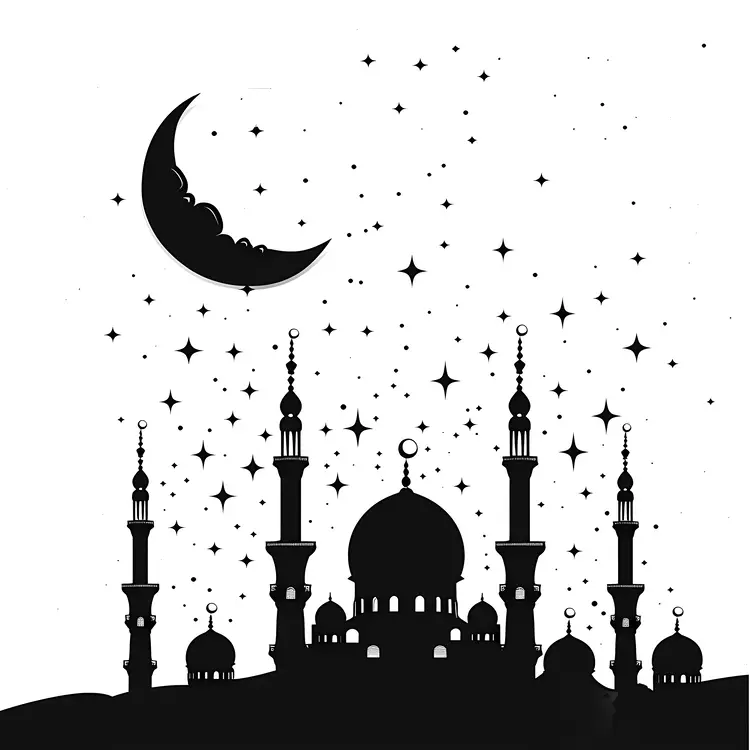 Mosque Silhouette with Crescent Moon and Stars