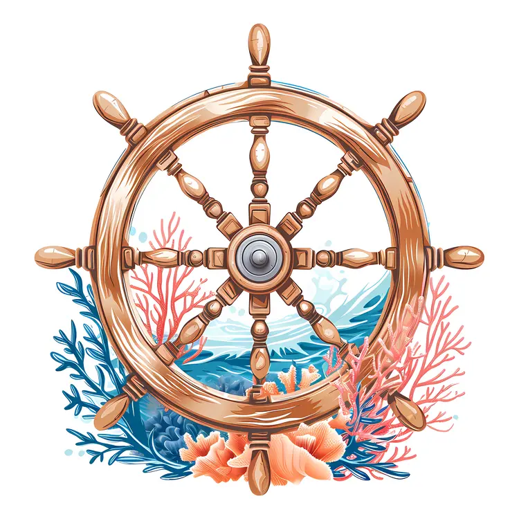 Ship Wheel with Coral and Ocean Background