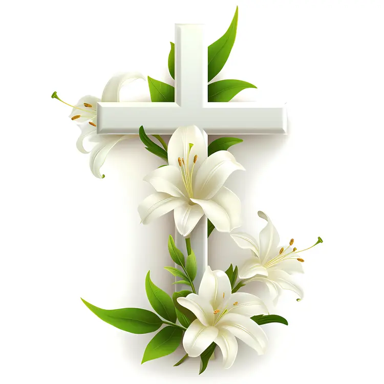 White Cross with Lilies and Green Leaves
