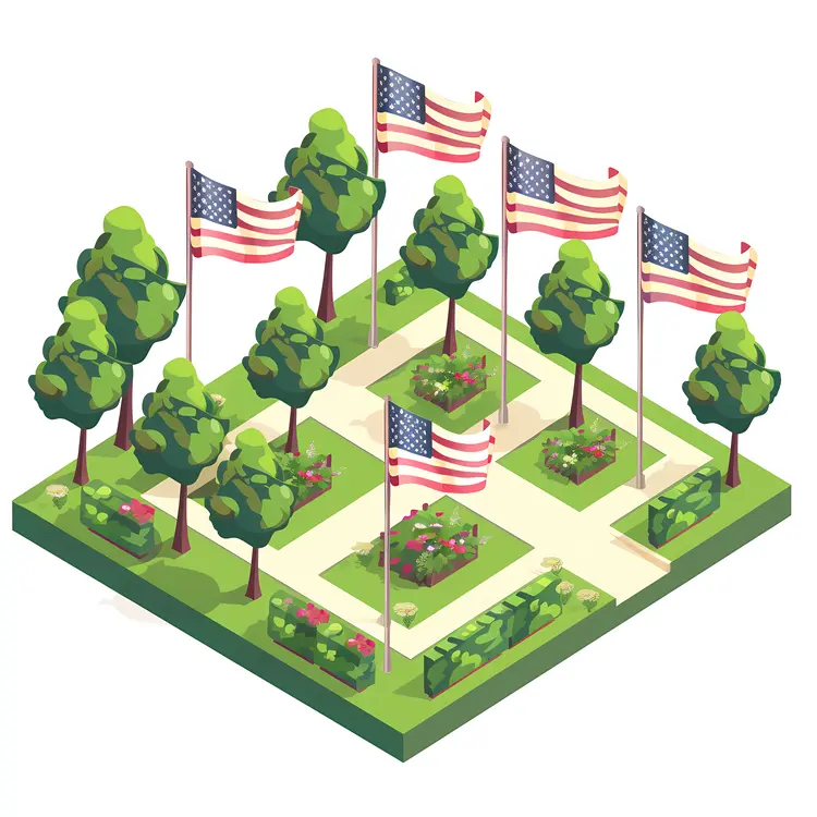 American Flags and Trees in Garden