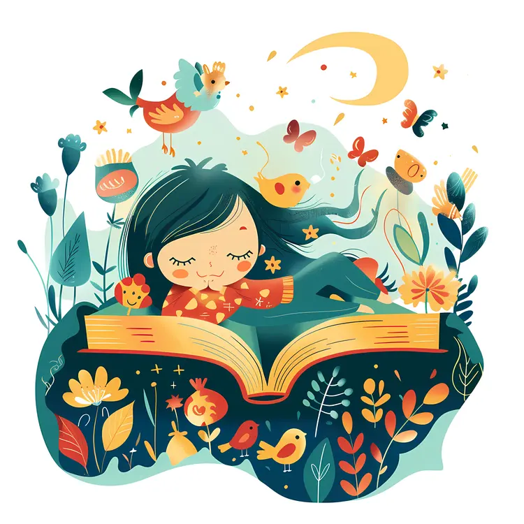 Sleeping Girl on Open Book with Flowers and Birds