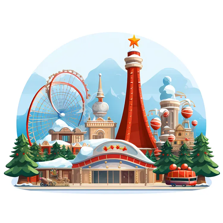 Winter Amusement Park with Ferris Wheel and Snow