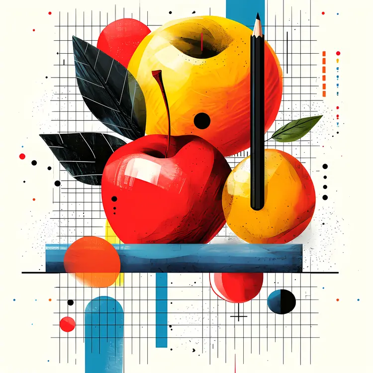 Colorful Geometric Fruit Illustration with Apple and Oranges