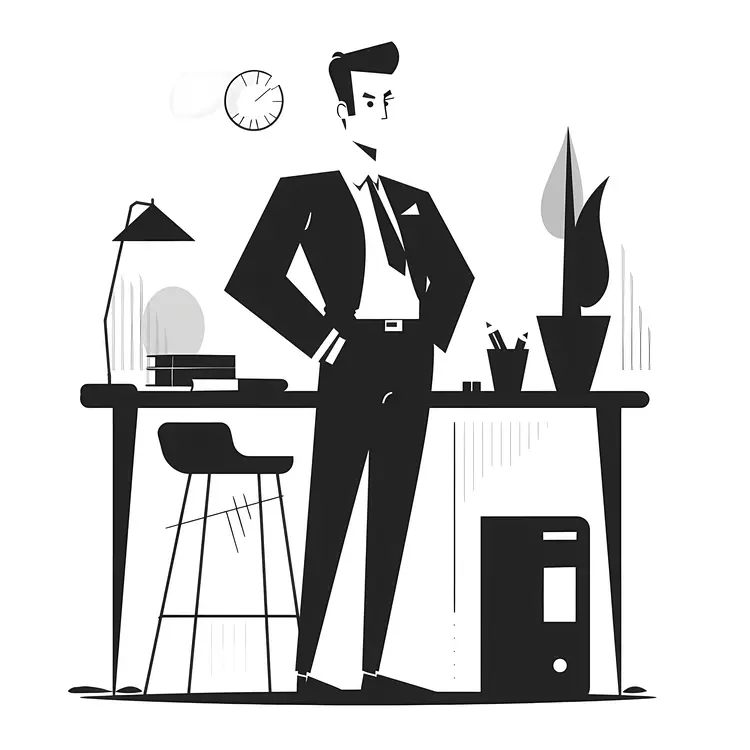 Man Standing at Desk with Laptop and Lamp