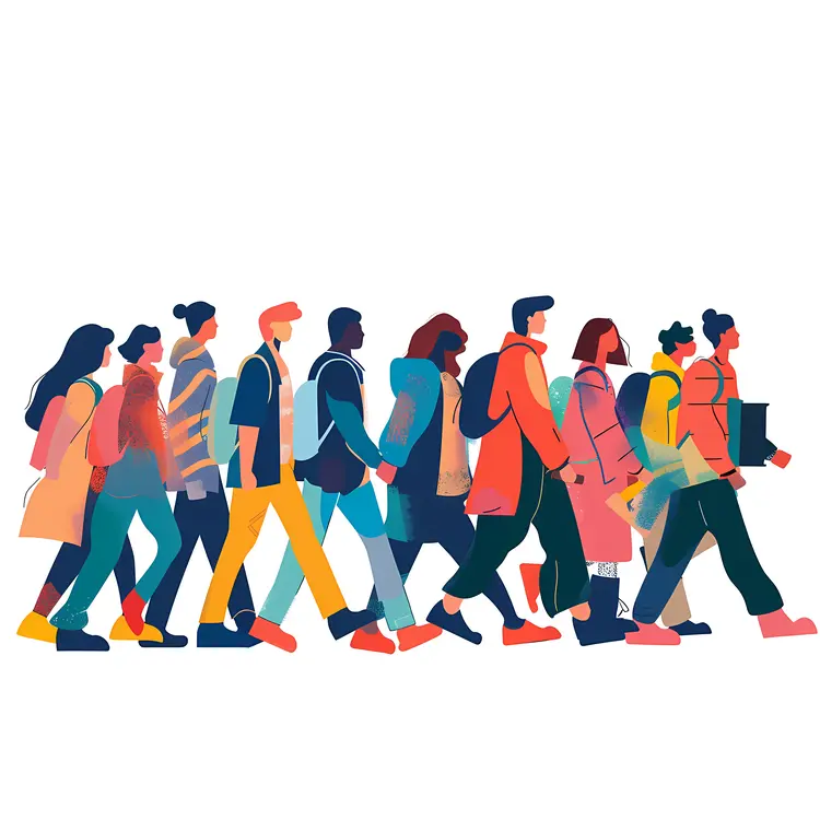Colorful Group of People Walking with Backpacks