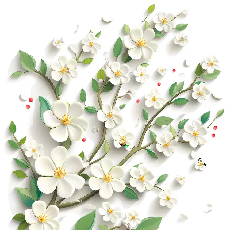 White Flowering Branch with Leaves