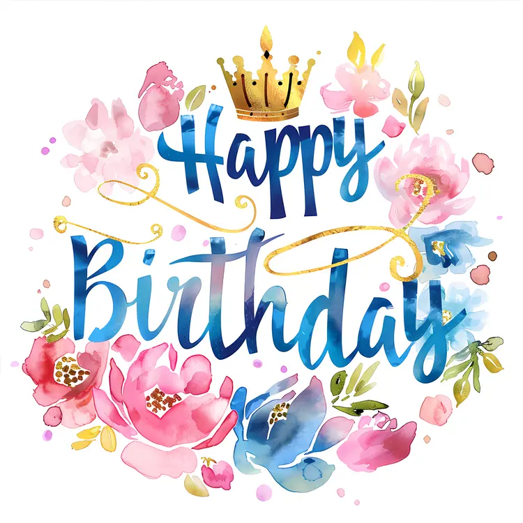 Happy Birthday with Floral Design and Crown