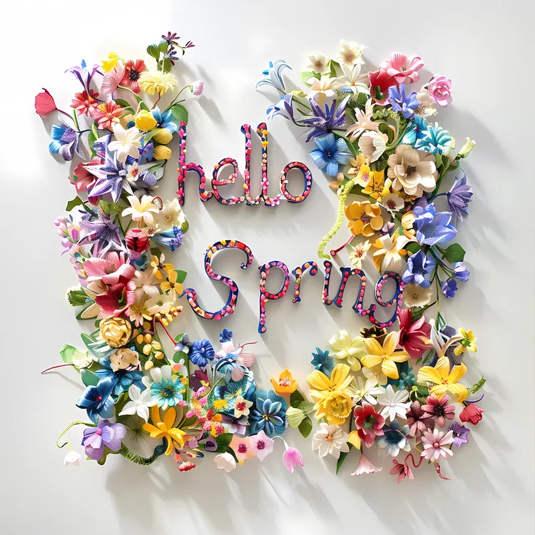 Colorful Flowers with Hello Spring Text
